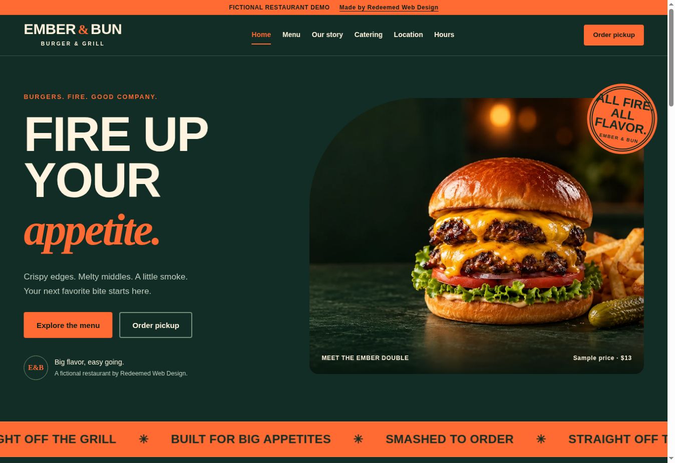Ember and Bun restaurant website concept